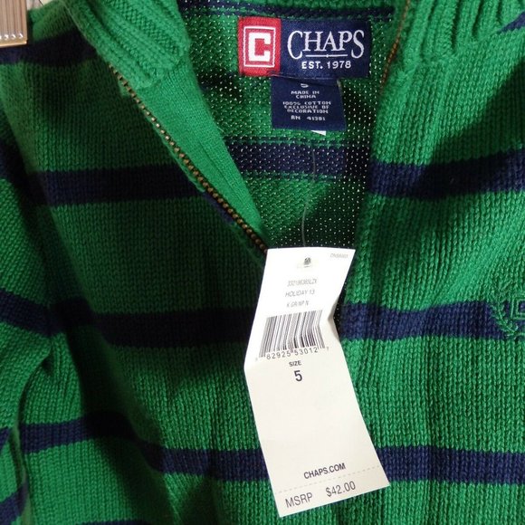 Boy's Chaps Zip Neck Sweater Green and Navy Stripe - Picture 2 of 4